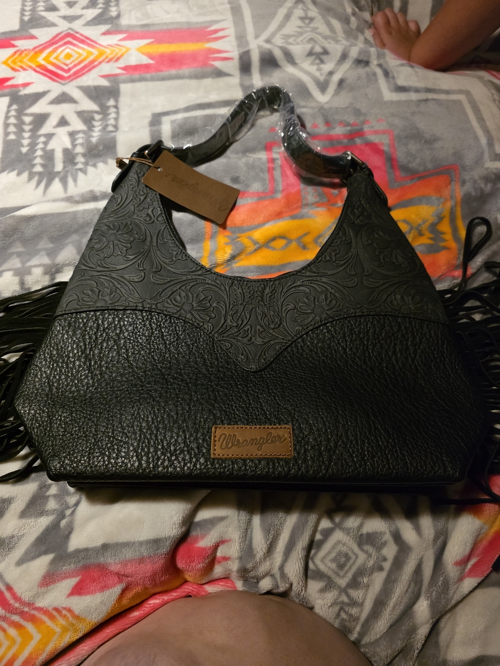 Wrangler Black Embossed Fringe Shoulder Bag